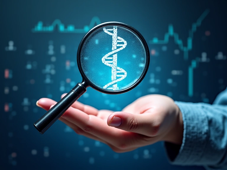 Image symbolizing scientific research and personalized care, showing a magnifying glass over a DNA strand and a hand holding a personalized meal plan, set against a backdrop of abstract data visualization.