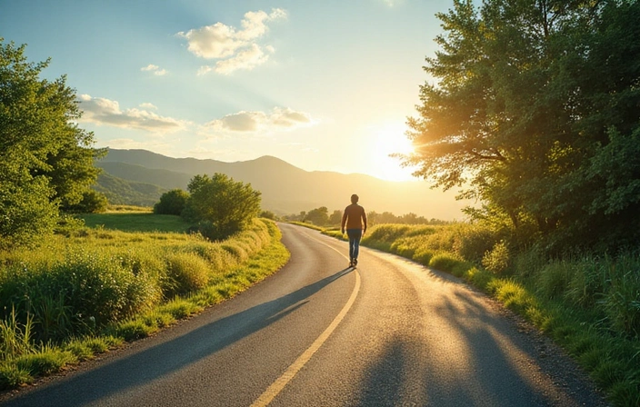Image symbolizing a path towards better health, with a person confidently walking on a winding road leading to a bright horizon, surrounded by lush, green nature.